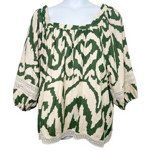 NWT rachel Zoe linen blend square neck puff sleeve green ikat top size 3X lace